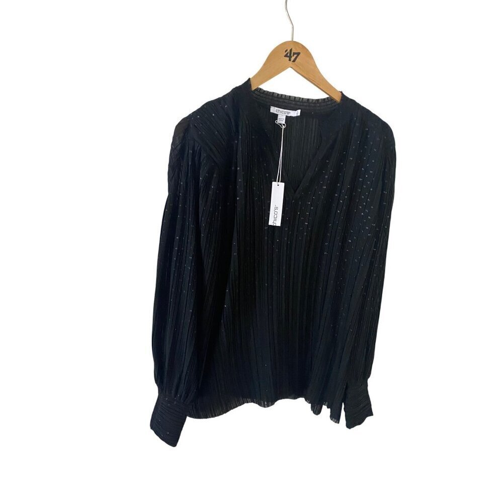 NWT Chico's Women's Black Pleated Metalic Chiffon Sheer Long Sleeve Blouse - 4